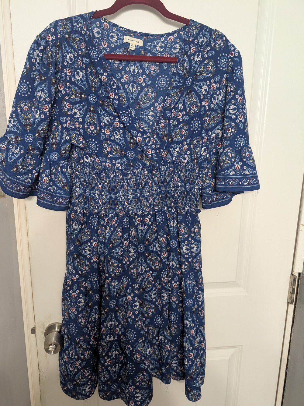 Max Studio Blue Floral Midi Dress with Smocked Waist